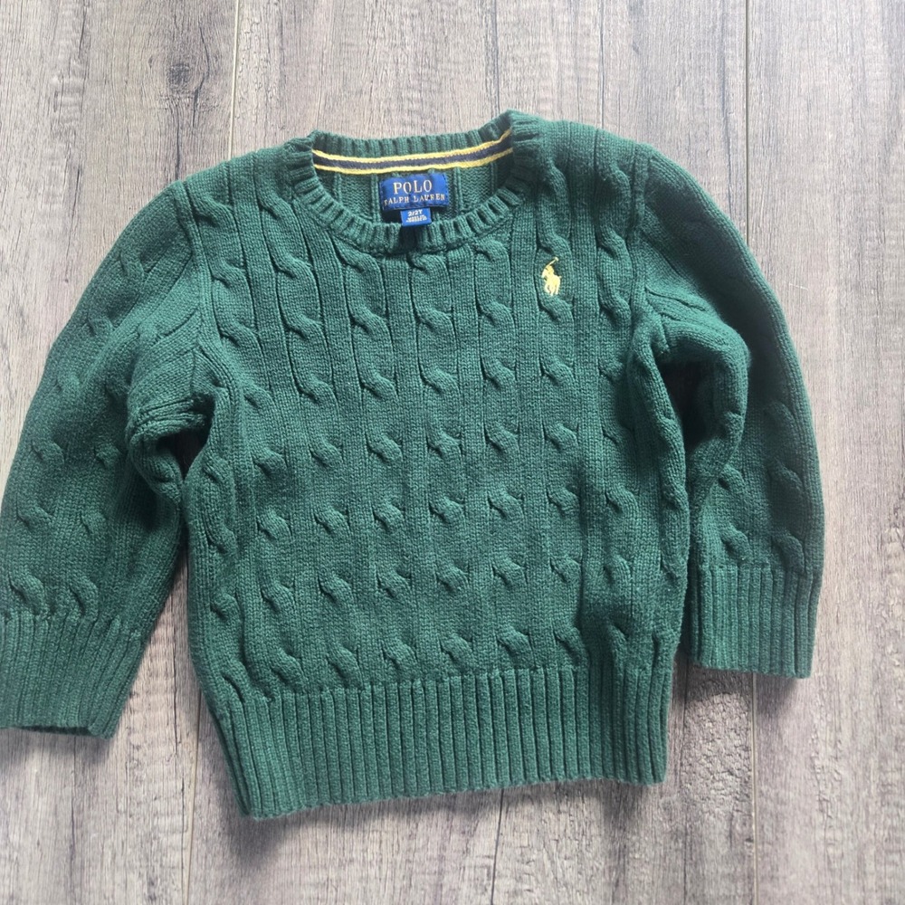 Polo Ralph Lauren Kids Green Cable Knit Cotton Sweater Pony Logo 2T